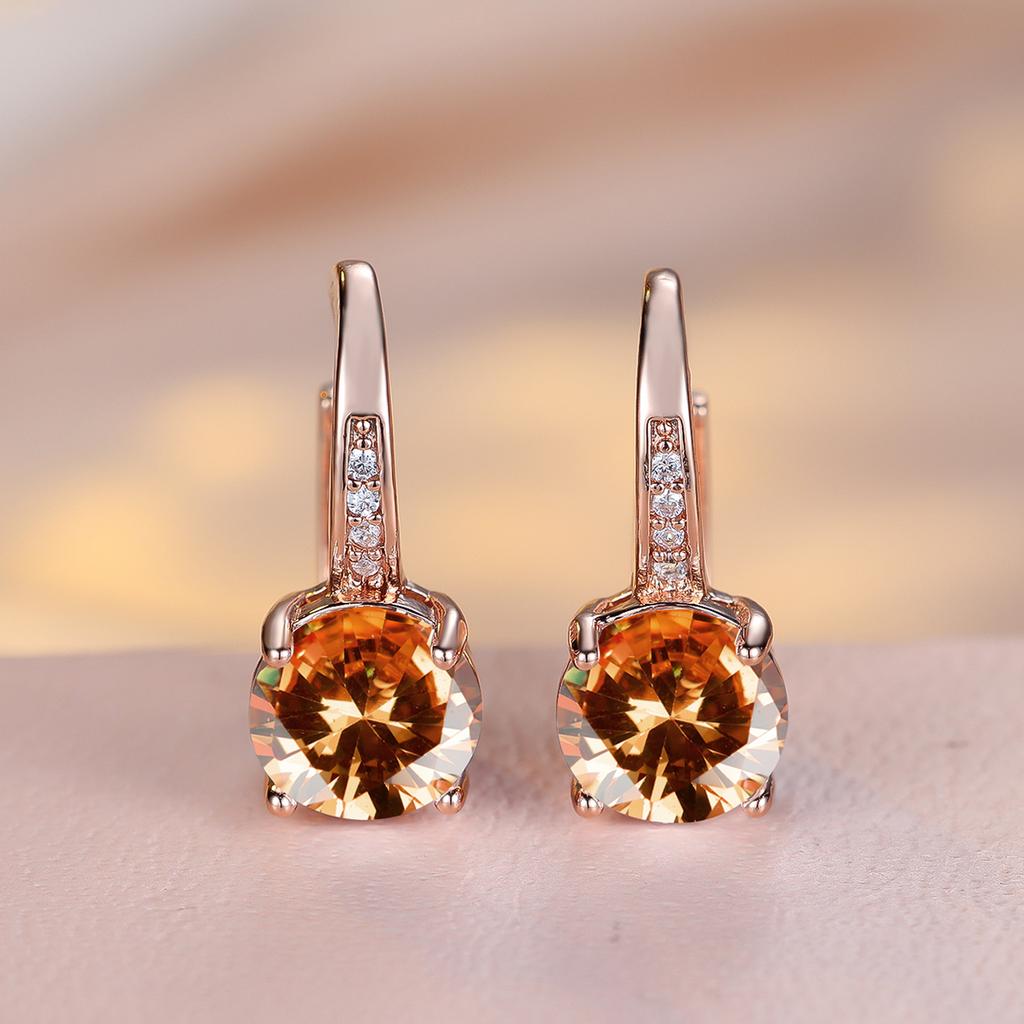 1 Pair Rose Golden Color Round Cut White Blue Red Green Stone Drop Earrings Fashion Women Wedding Jewelry Luxury Accessories