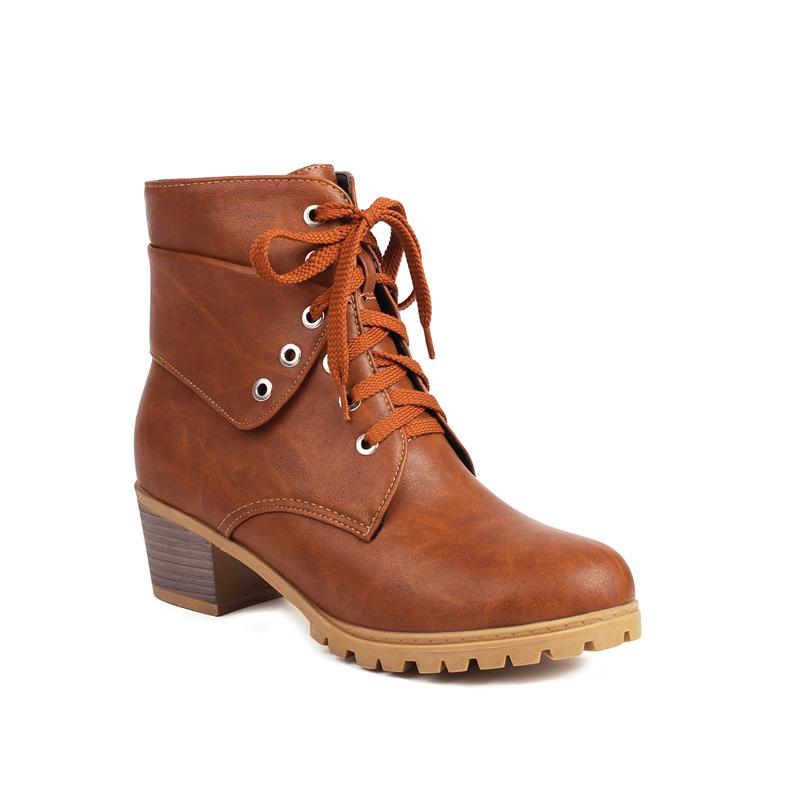 FOREADA Women Ankle Short Boots Round Toe Thick Mid Heels Lace-up Combat Boots Ladies Fashion Shoes Winter Black Blue Camel 43