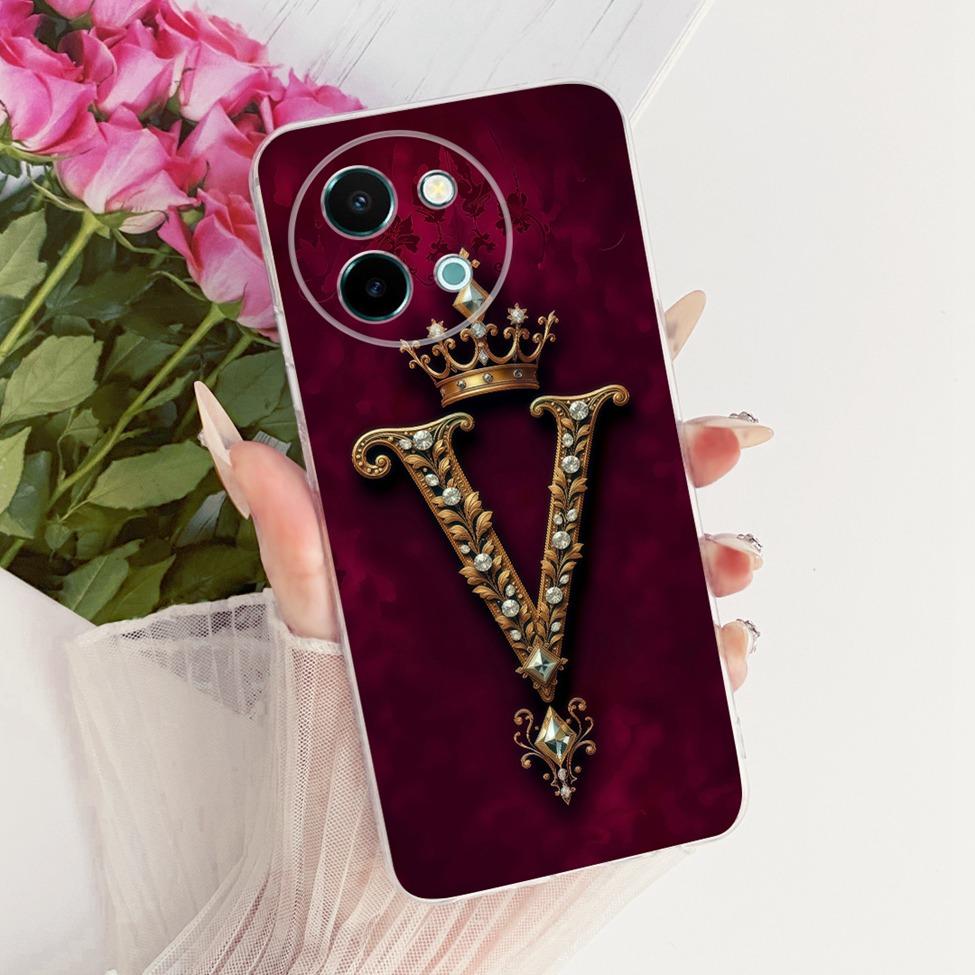 For Vivo Y38 5G Case Cover Transparent Luxury Crown A-Z Letters 2D Flat Pattern Soft Phone Casing For VivoY38 5G Bumper