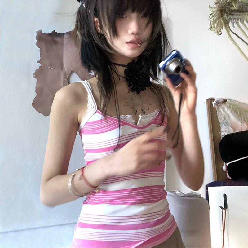 Y2k Aesthetics Camisole Японский топ на бретельках Harajuku 2000-х годов Kawaii Укороченный топ Fairycore Розовая полосатая майка E-girl Grunge