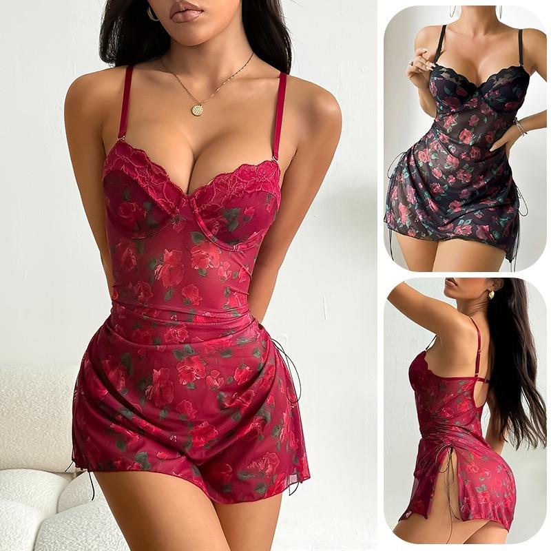 Ночная сорочка-топ на косточках с цветочным принтом, отделка из мягкого кружева с эффектом памяти, затягивающийся шнурок, сексуальная одежда для дома JR059, поддерживающая, романтическая одежда для сна с цветочным шармом