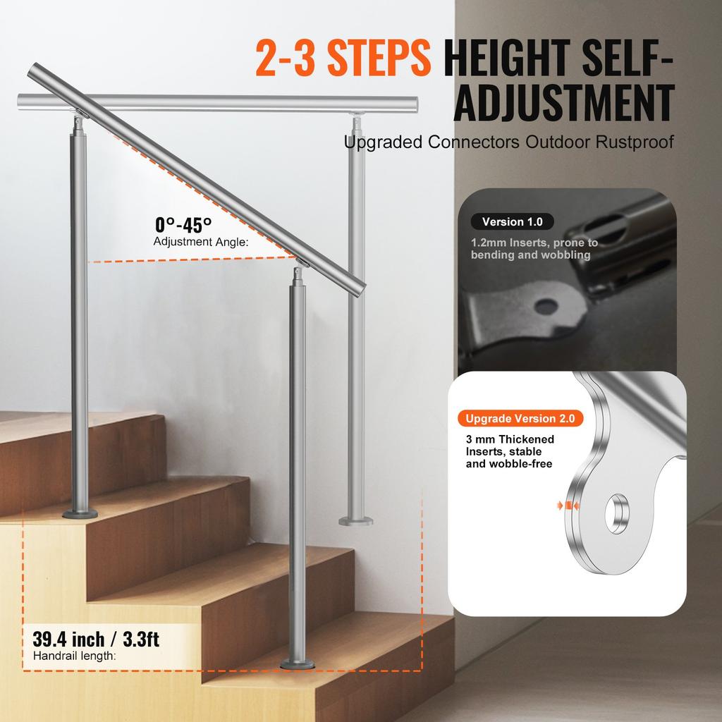 VEVOR Handrails for Outdoor Steps, 39.4in / 100cm Length Stair Hand Rail Kit, Transitional Stainless Steel Railings with Installation Kit