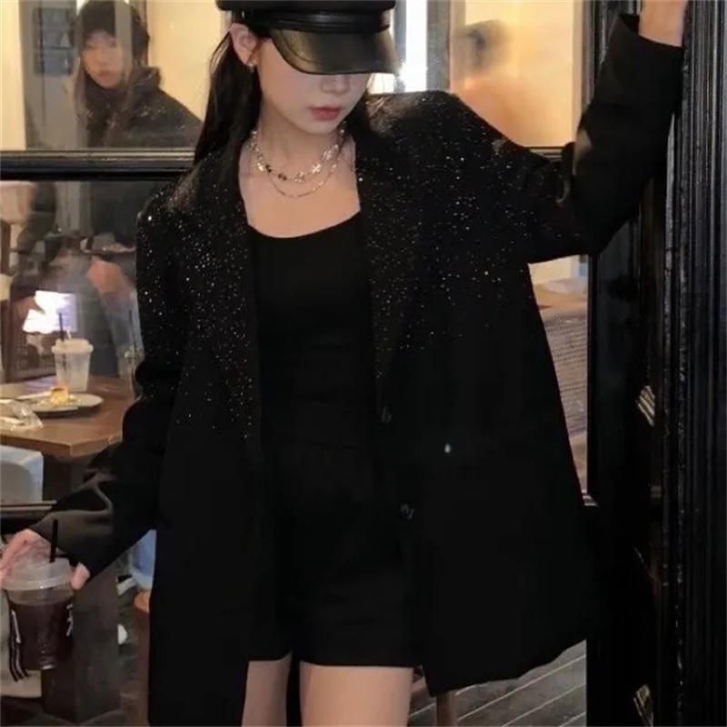 Женский костюм на весну и осень, воротник, стразы, блестящие пуговицы, длинный рукав, свободный тонкий топ