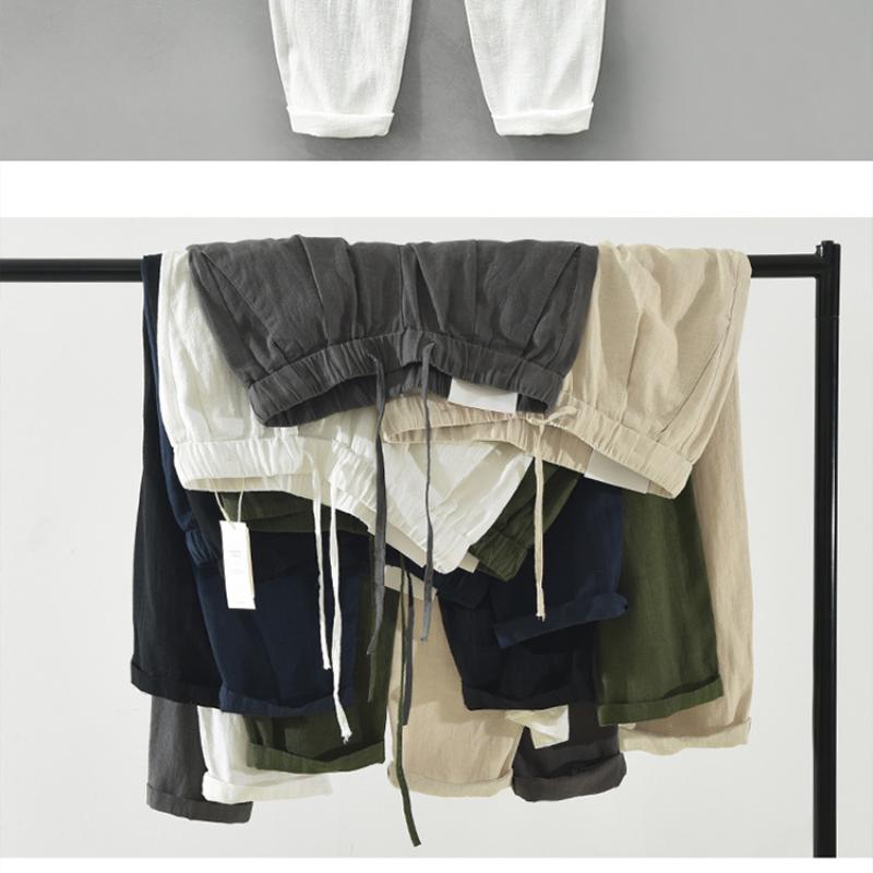 Spring and Summer Baggy Jogging Pants Men Youth Casual Breathable Beach Ramie Cotton Pants Drawstring Elastic Waist Straight Pants