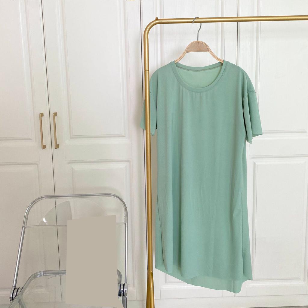 Однотонная домашняя ночная сорочка из ледяного шелка свободного кроя с круглым вырезом для весны и лета