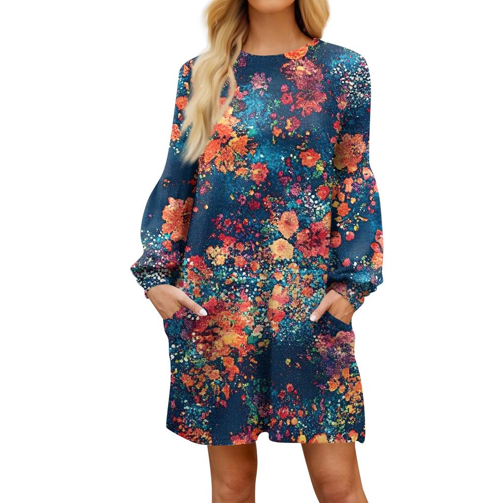 Модное женское платье трапециевидной формы с длинным рукавом. Осенний повседневный пуловер с круглым вырезом. Свободное платье с карманами.