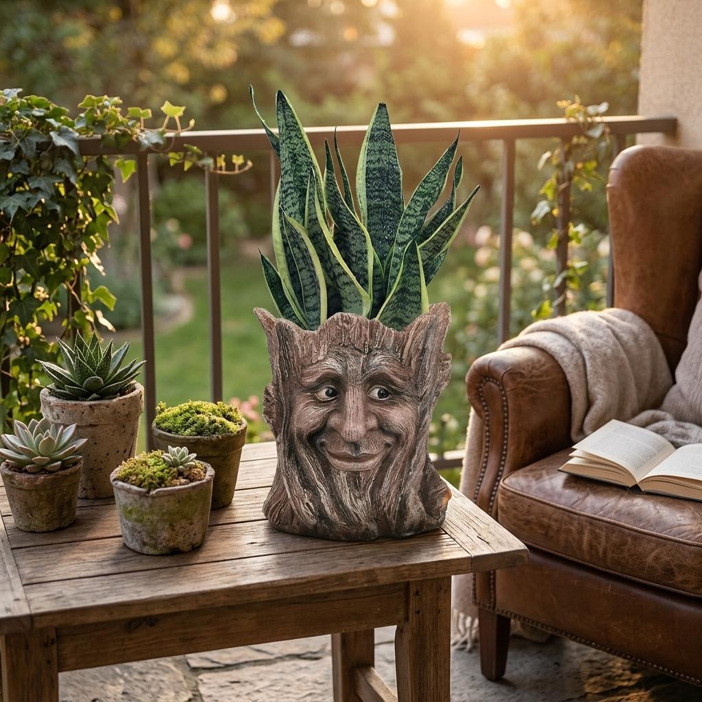 Resin Tree Stump Elderly Face Planter Pot for Home Garden Decoration