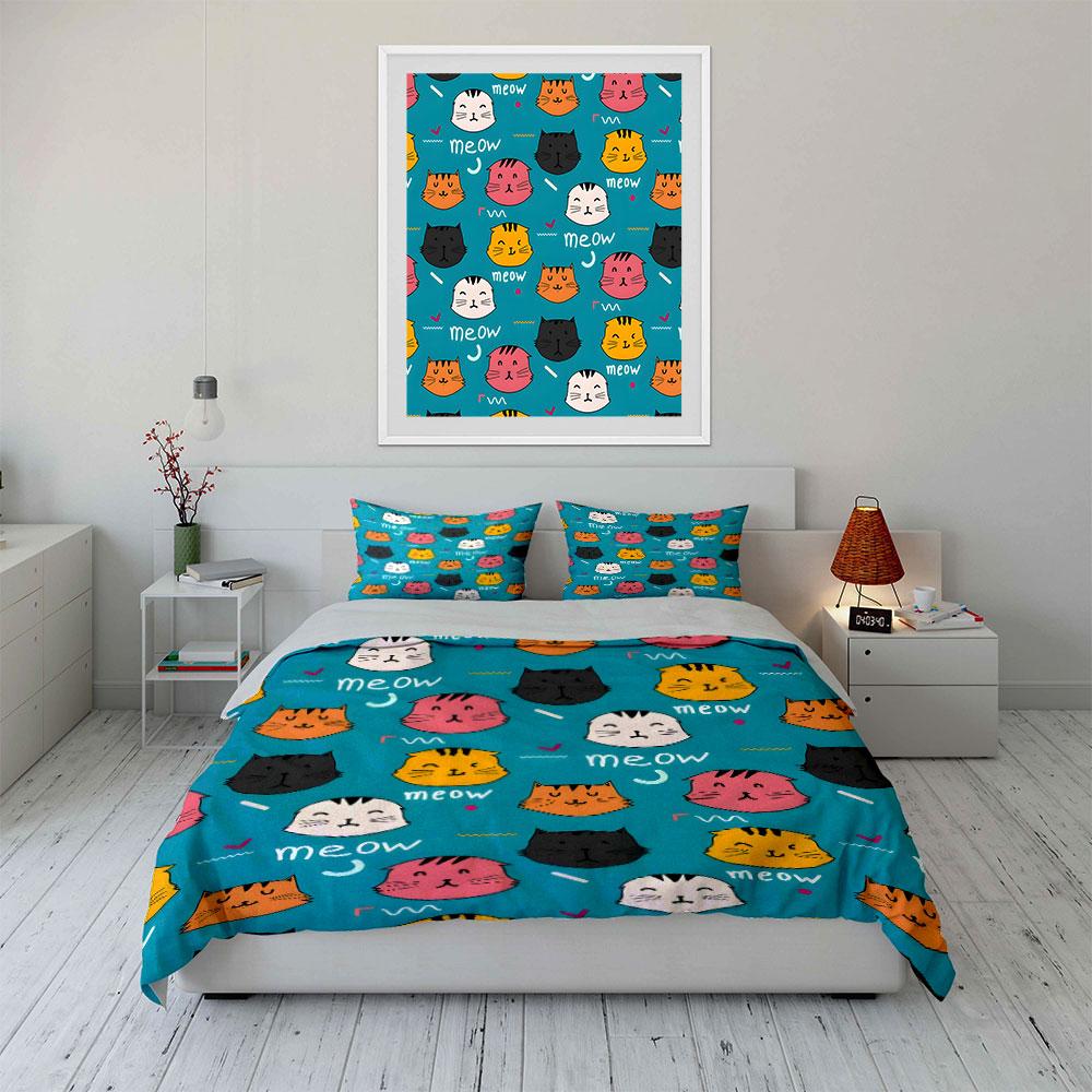 Cute Cat Faces Pattern Design Bedding Duvet Cover Set (1*Duvet Cover 2*Pillowcases, without duvet insert)