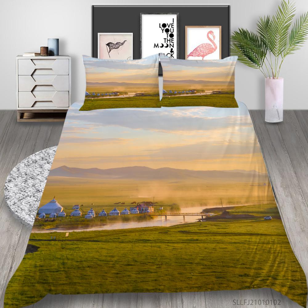 3D Forest Pattern Deluxe Home Bedding Set Full Size Quilt Cover and Pillowcase Landscape Print Washable and Comfortable Bedroom Bedding