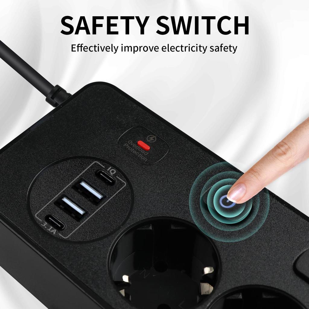 Удлинитель с 5 розетками, независимым выключателем, 2 портами Type-C и 2 USB-портами, защита от перегрузки