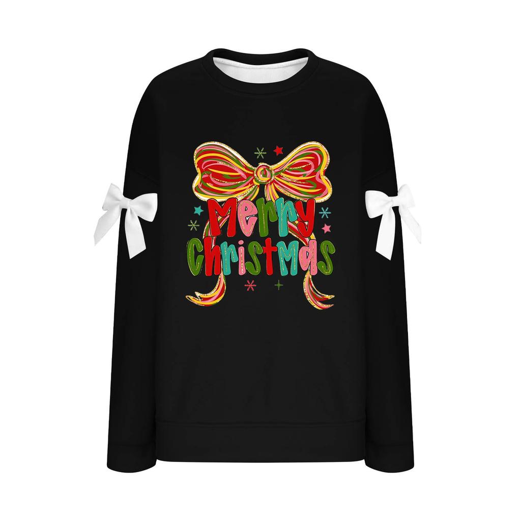 Ladies' Christmas Printed Bow Round Neck Long Sleeved Loose Pullover Sweater Sweatshirt Top