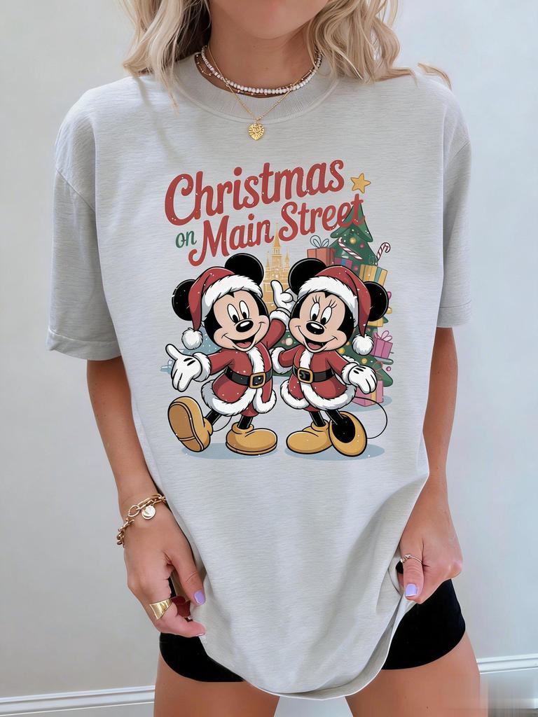 Disney Mickey Minnie Mouse Christmas T Shirt Women 2026 New Casual Cotton Tee Vintage Graphic Print Cute Cartoon Disneyland Tops