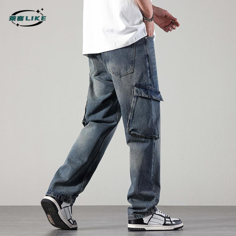 Новые осенние и зимние мужские рабочие брюки прямого покроя из денима, свободные джинсы с большими карманами, простые брюки прямого покроя из денима
