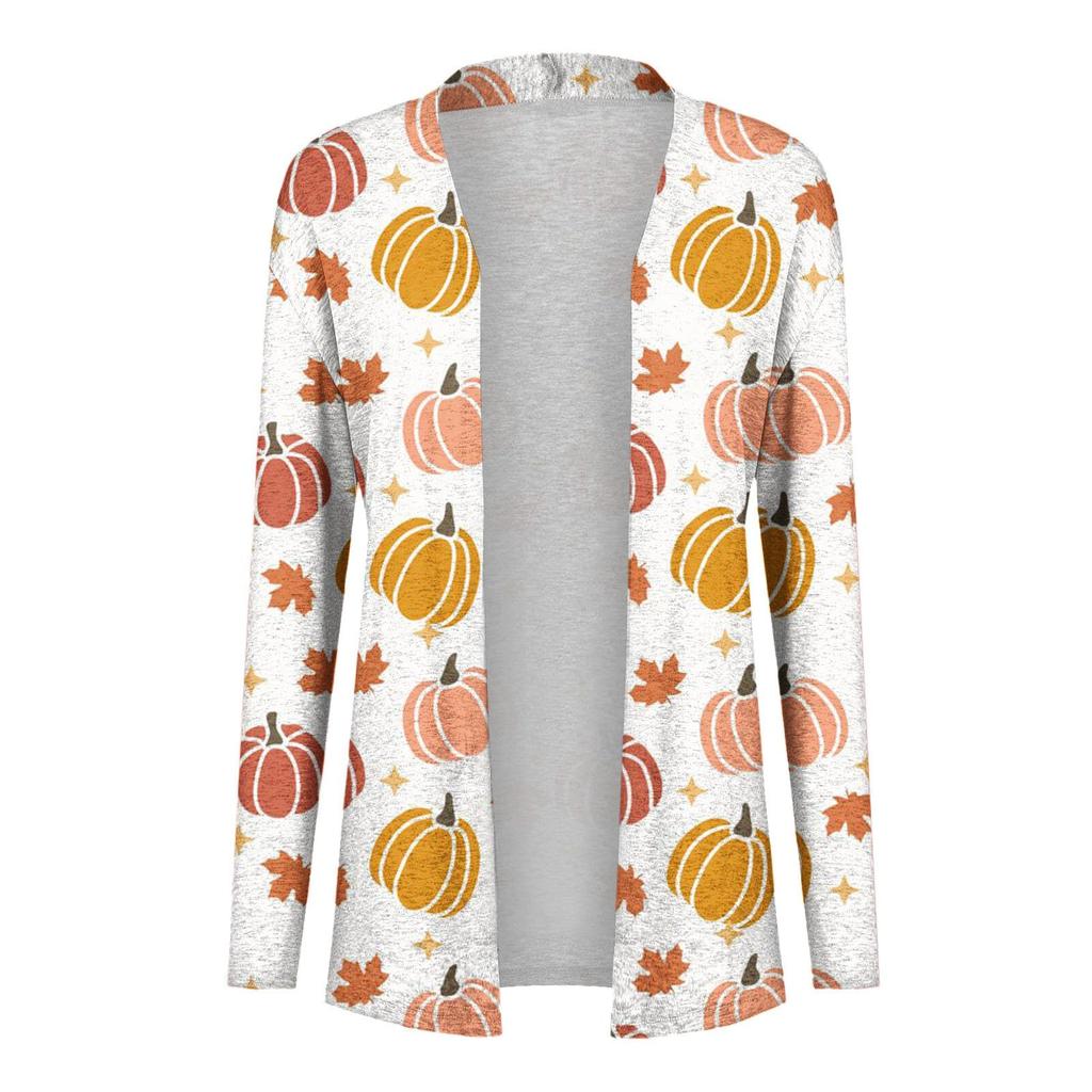 Женская модная повседневная куртка-кардиган средней длины с длинным рукавом и принтом на Хэллоуин