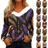 Women's Loose Casual Long Sleeved Printed Plush Collar V Neck Top, Long Sleeved Top
