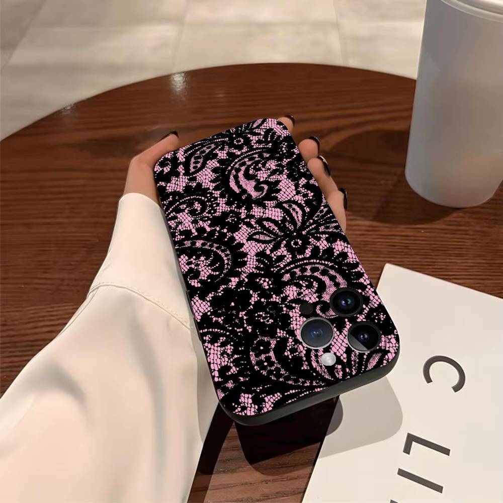 Чехол с кружевным принтом для iPhone 17, 16, 15, 14, 13, 12, 11, Pro, Max, Plus, мягкий черный