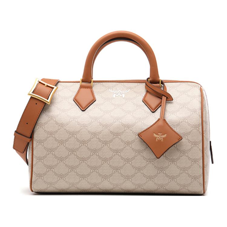 MCM Allover Print Design Detachable Adjustable Shoulder Strap Leather Boston Bag Handbag Medium Women handbags Beige MWBESEA07I9001