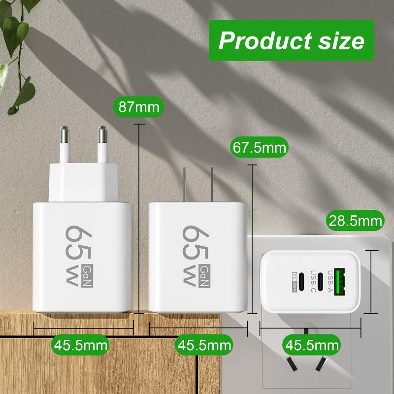 65W GaN Travel Charger EU Plug Dual USB C + USB A Port Fast Charging Wall Adapter Compact Charger for Phone Laptop Tablet
