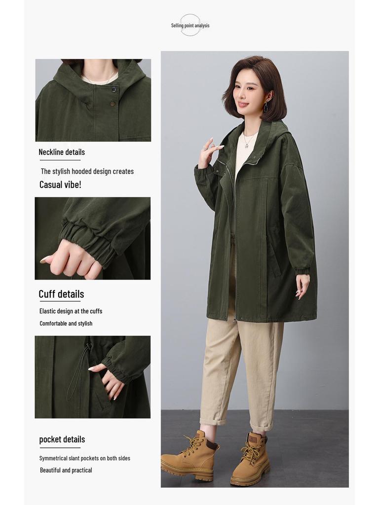 Women's Mid-Length Hooded Trench Coat, Spring/Autumn 2024: Pure Cotton, Long-Sleeve, Casual Workwear, Slimming Plus Size.