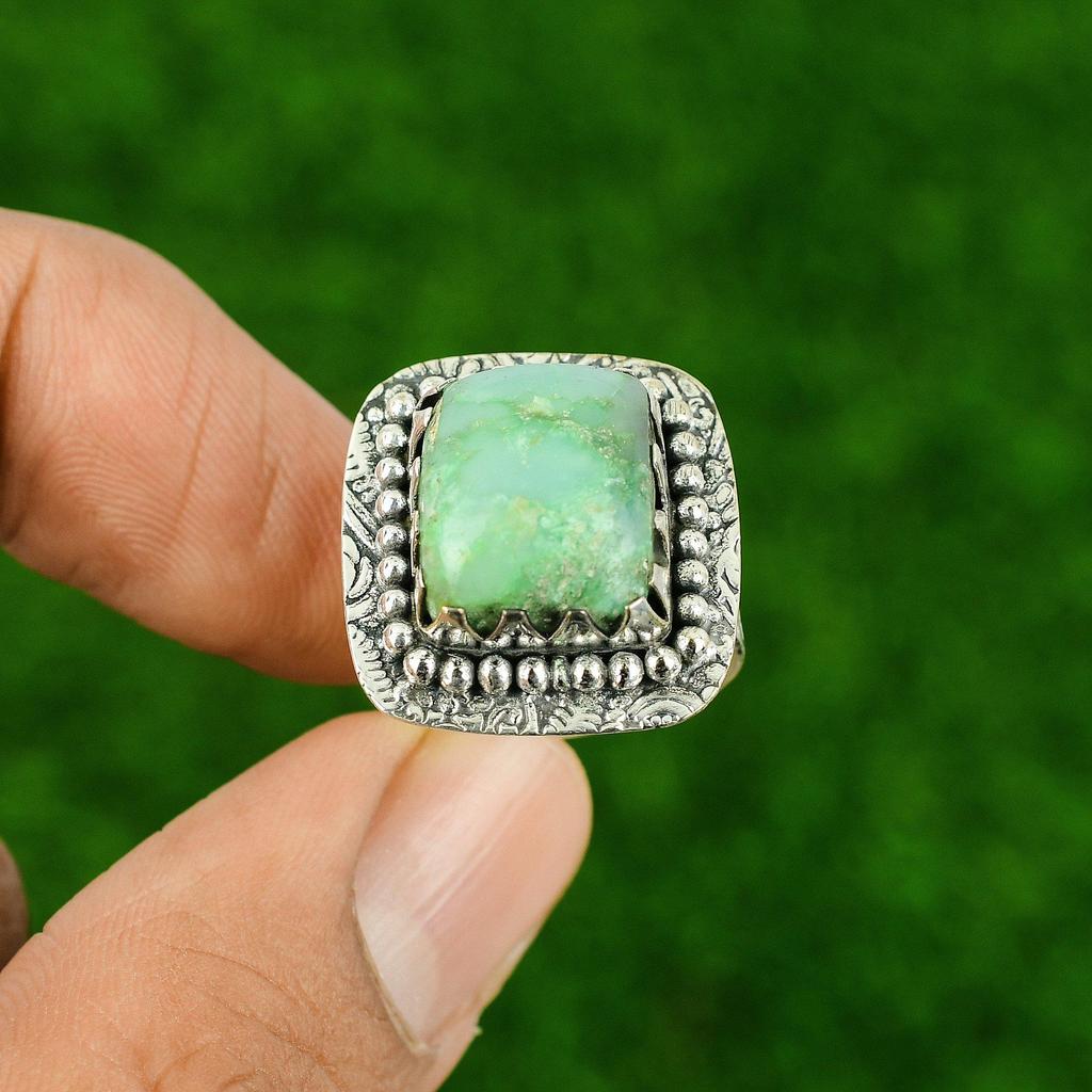 Sterling Silver Chrysoprase Stone Wife Promise Artisan Heart Chakra Ring Size 8