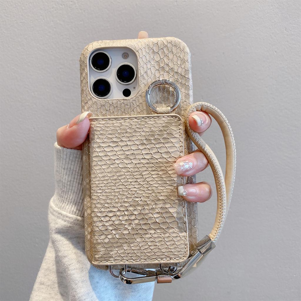 For iPhone 15 Pro Case Card Holder Mirror Snake Texture PU+PC Back Cover with Lanyard