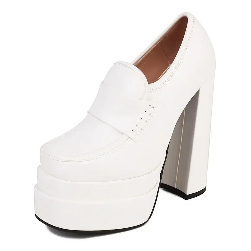 Women High Chunky Heel Platform Loafers Rosy Pink White Microfiber Party Club Lady Slip-on Square Toe British Thick Bottom Pumps