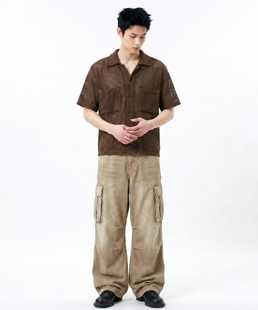 UNDEROFF Two-Pocket Crop Mesh Short Sleeve Shirt Brown