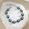 Alloy Inlaid Imitation Turquoise Anklet For Women, Simple And Versatile Retro Ethnic Style Ankle Chain Jewelry Gift