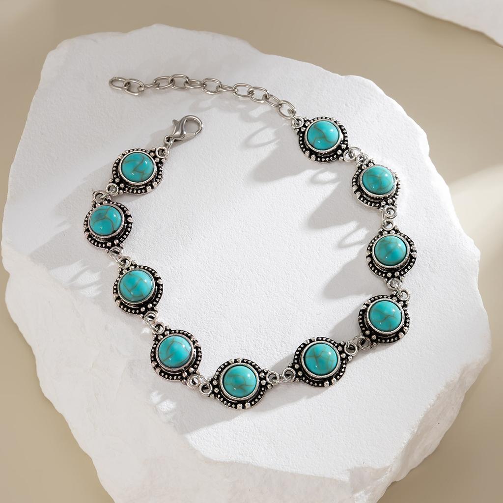 Alloy Inlaid Imitation Turquoise Anklet For Women, Simple And Versatile Retro Ethnic Style Ankle Chain Jewelry Gift