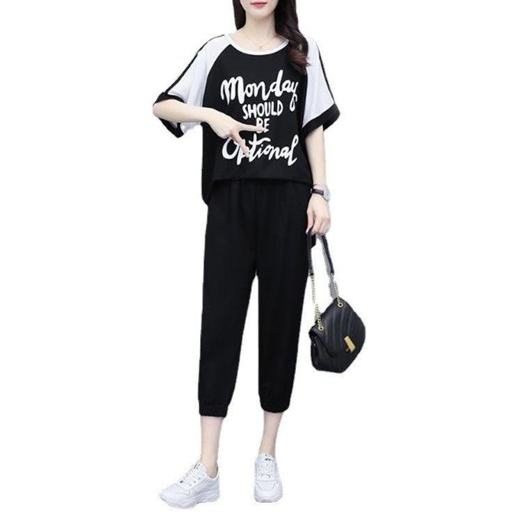 Женский свободный летний комплект одежды больших размеров, новый стиль, топы с короткими рукавами большого размера и брюки длиной семь с половиной