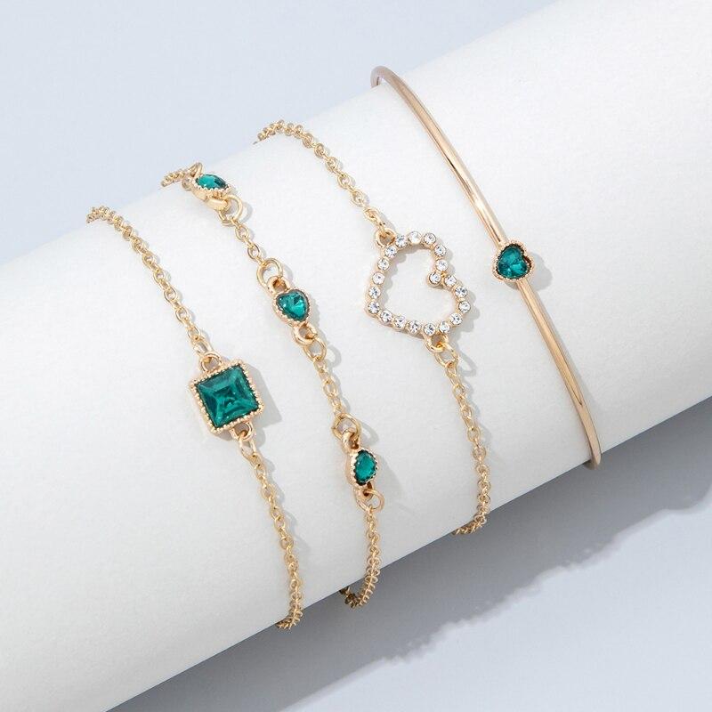 4pc Inlaid Green Gemstone Bracelet Jewelry Set for Women Heart Bracelet Wedding Engagement Bracelet Fashion Jewelry MIT