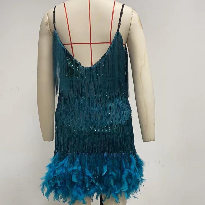 Модное сексуальное платье с пайетками и кисточками на день рождения для женщин без рукавов с V-образным вырезом, элегантное платье в стиле пэчворк с перьями и высокой талией, повседневные платья с открытой спиной 25029