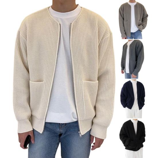 Men Cardigan Sweater Solid Color Full Zip Up Casual Sweater Warm Knitwear Jacket with 2 Front Pockets for Autumn And Winter