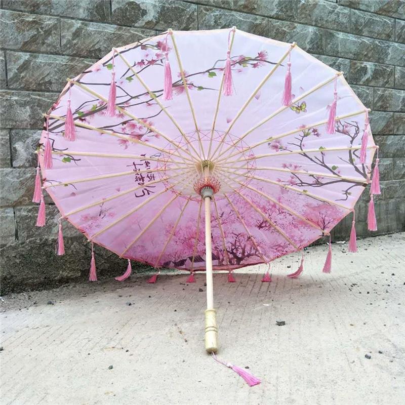 1PC with Tassel Classical Women's Umbrella for Hanfu Accessories Satin Cloth Photograph Props Fairy Ancient Parasol