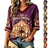 Женская футболка с принтом на Хэллоуин, V-образный вырез, повседневная, свободный крой, летний топ
