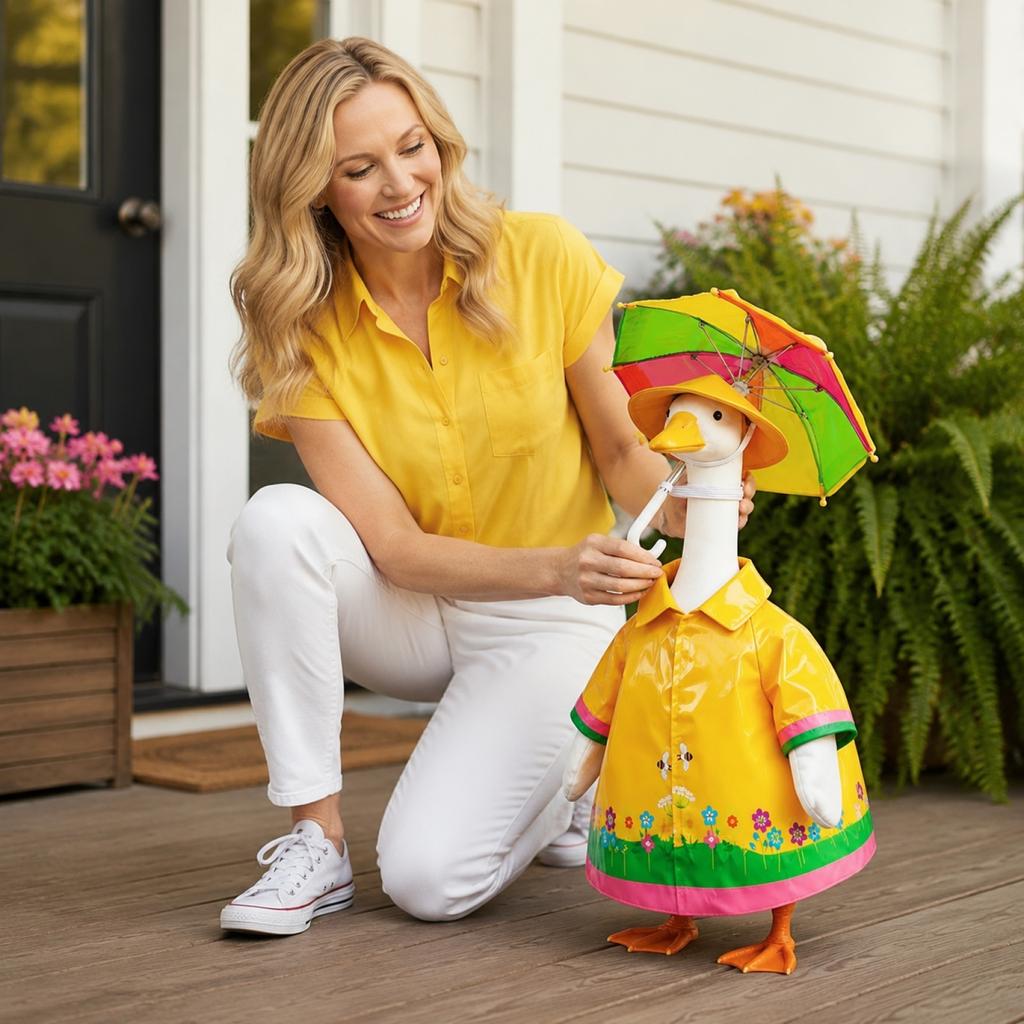 23 Inch Large White Goose Holiday Decoration Outfit Set Includes Raincoat Hat Umbrella and Fastening Accessories Suitable for Porch Display