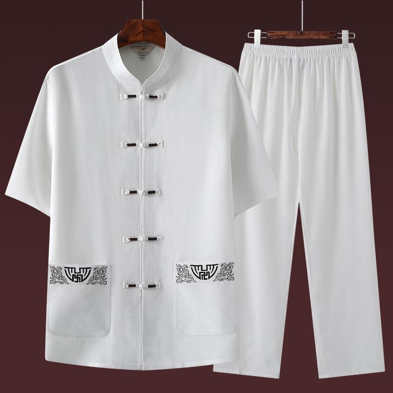 Летний модный короткий рукав хлопок лен мужской повседневный удобный дышащий комплект из двух предметов
