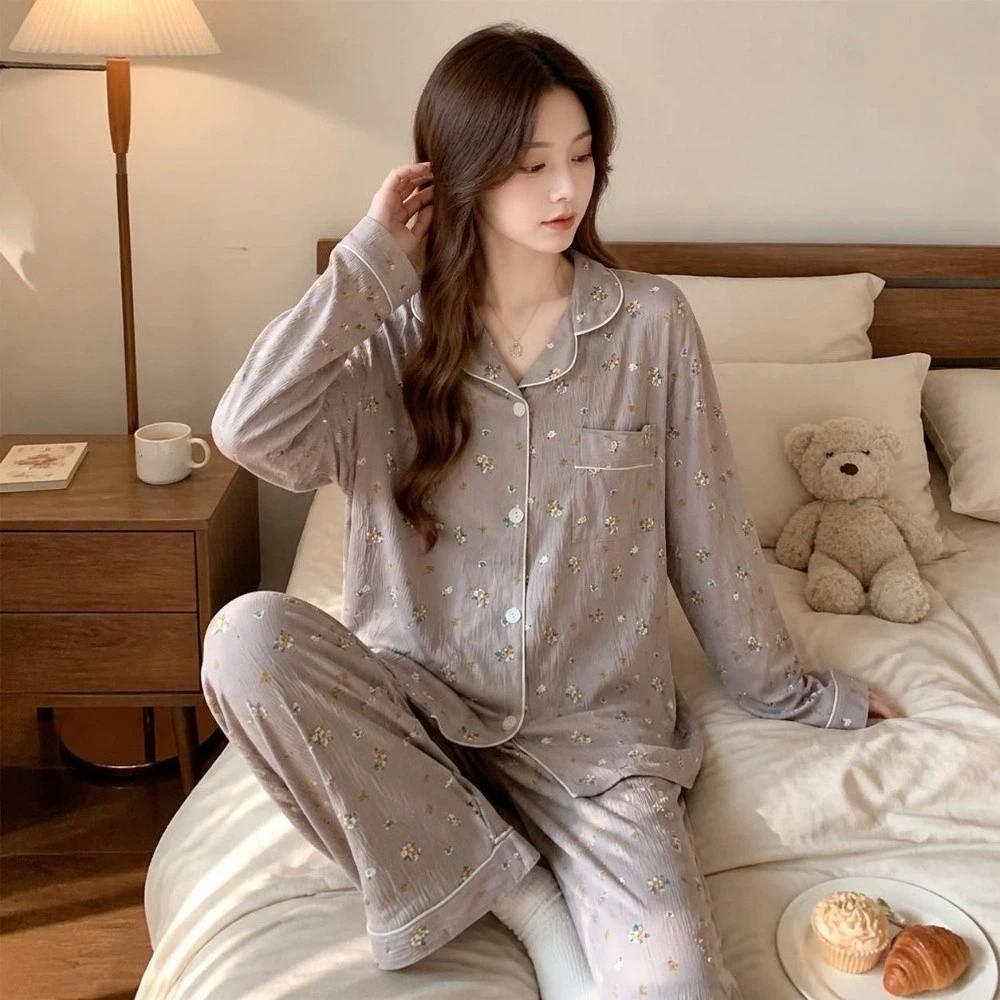 Bear Long Pajama Set Bow Lady Nightwear Suit Comfortable Women's Loungewear Female