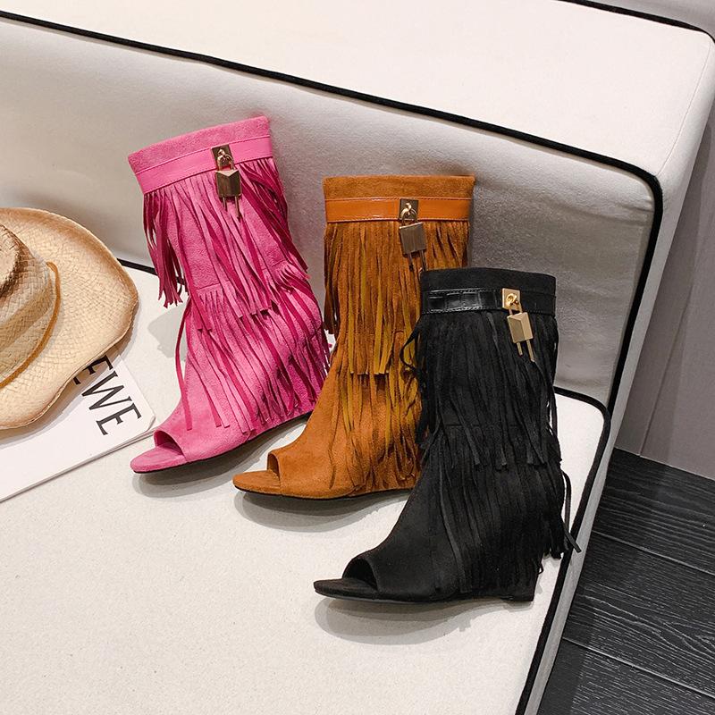 Fashion Designer Fringe Wedges Boot Sandals Woman High Heels Open Toe Party Prom Shoes 2025 Sexy Zipper Female Pumps Women Boots