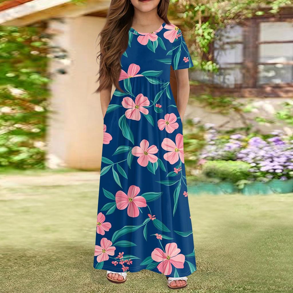 Длинное летнее платье для девочек - платье макси с короткими рукавами и карманами для детей 4-14 лет