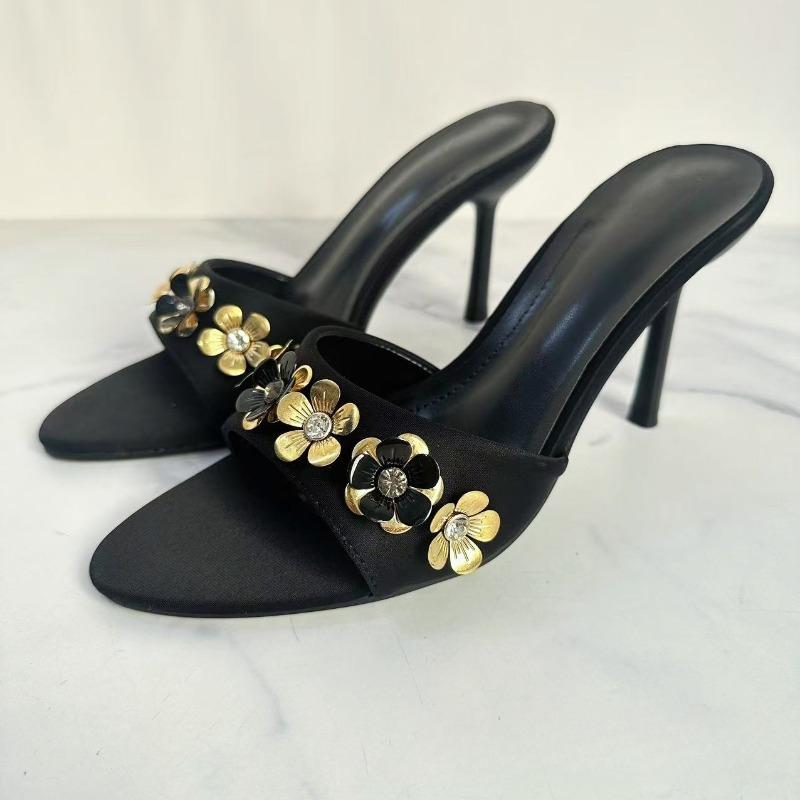 Peep Toe Women Summer Modern Sandals Metal Flower Decoration Dress Party Daily Casual Mules Stiletto Female High Heels Shoes