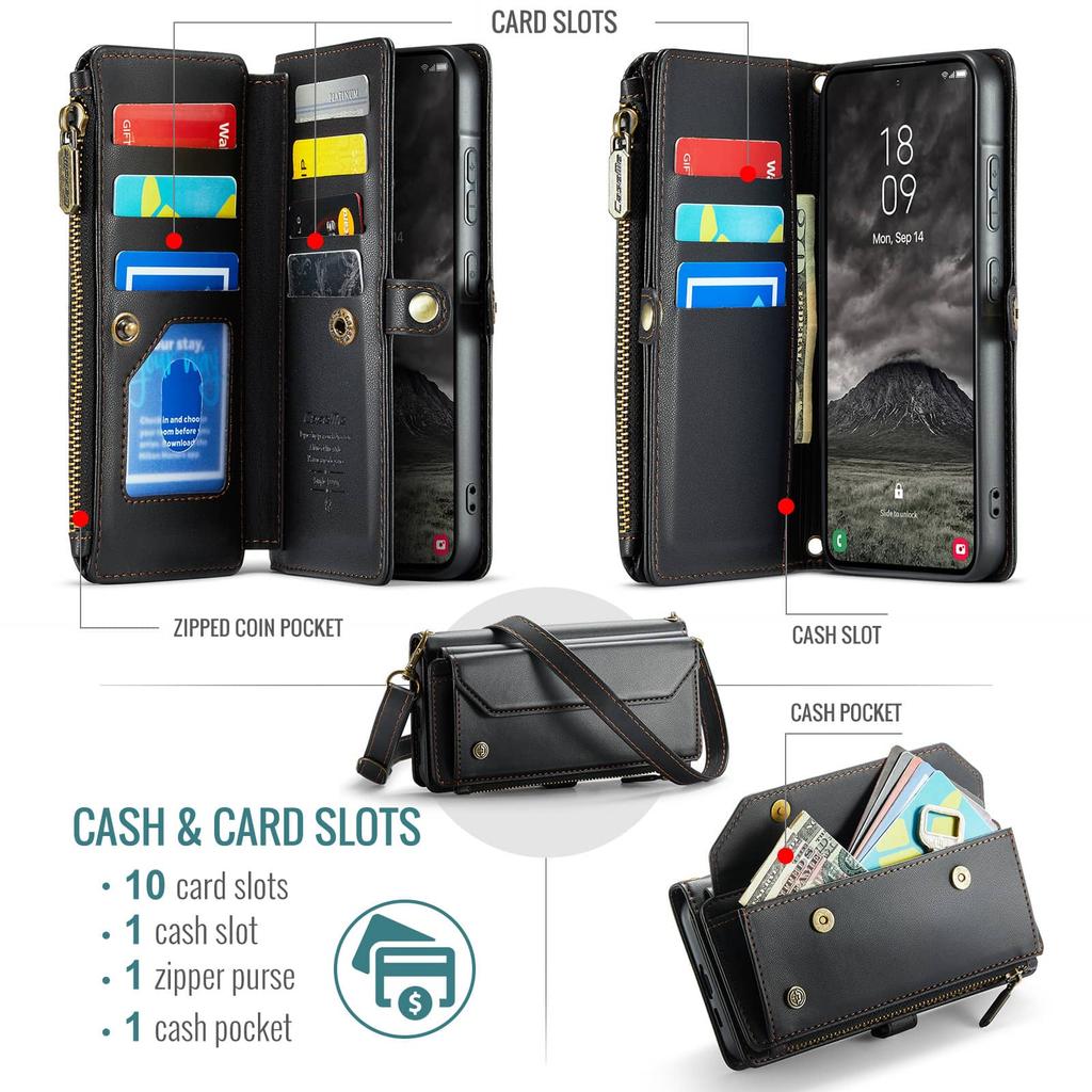 Сумка через плечо для Samsung Galaxy A37 A57 Кожаный кошелек-чехол с RFID-защитой 10 отделений для карт Карман на молнии Магнитная застежка-книжка Ремешок на запястье