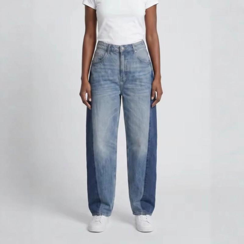 Washed Stitching Jeans Low Rise Relaxed Straight Leg Denim Pants Women Men