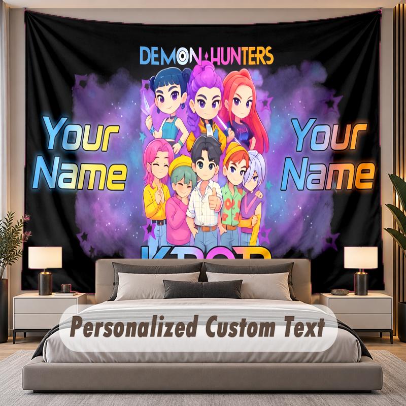 Custom Name Text Tapestry Kpop Demon Hunters Personalized Polyester Wall Tapestry For Bedroom And Room