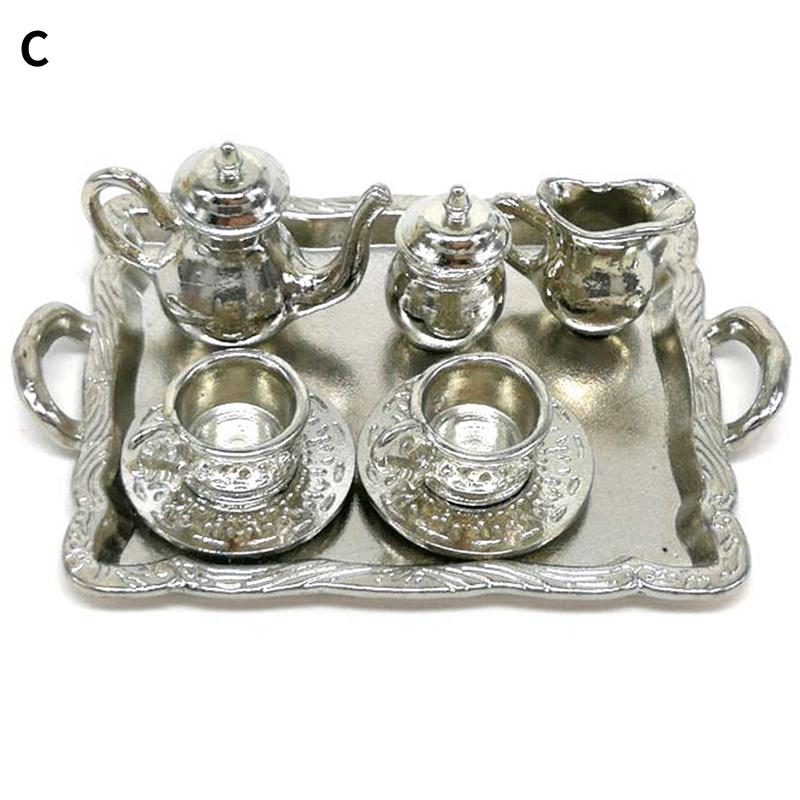 10Pcs/set Doll House Miniature Metal Tea Doll House Furniture Miniature Dining Ware Toy Teapot Cup Plate