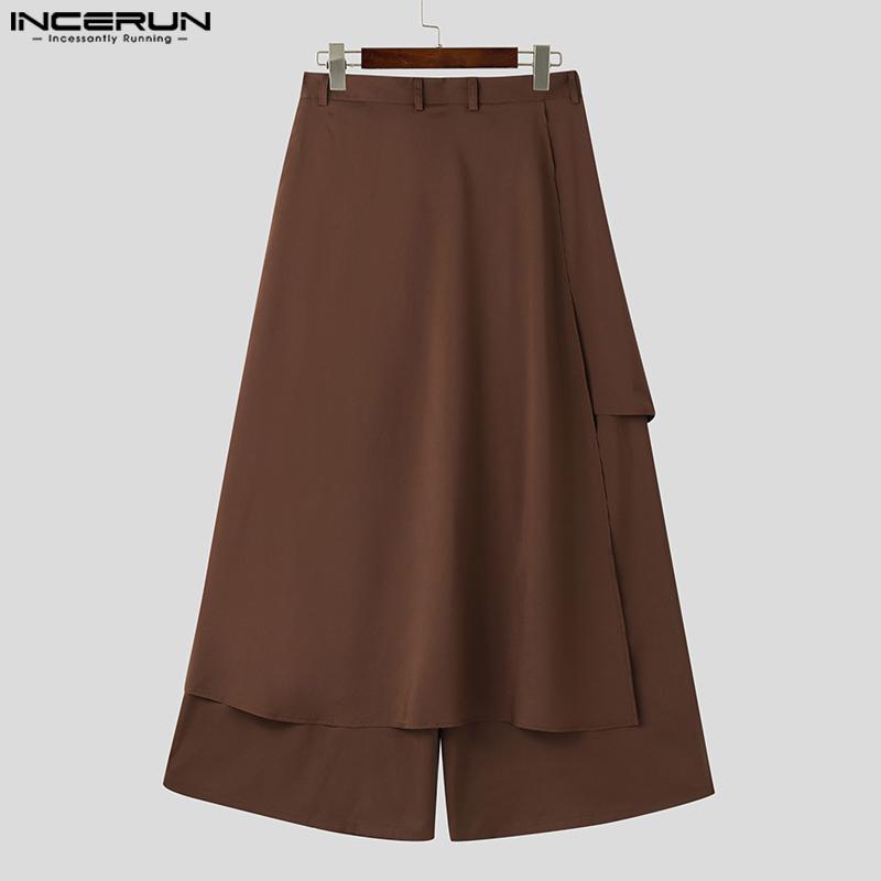 INCERUN Мужские повседневные однотонные брюки хакама с высокой талией нестандартной формы