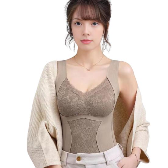 Sleeveless Thermal Tank Top for Women Fleece Lined Lace V Neck Base Layer with Built In Bra Warm Camisole Undershirts for Cold Weather