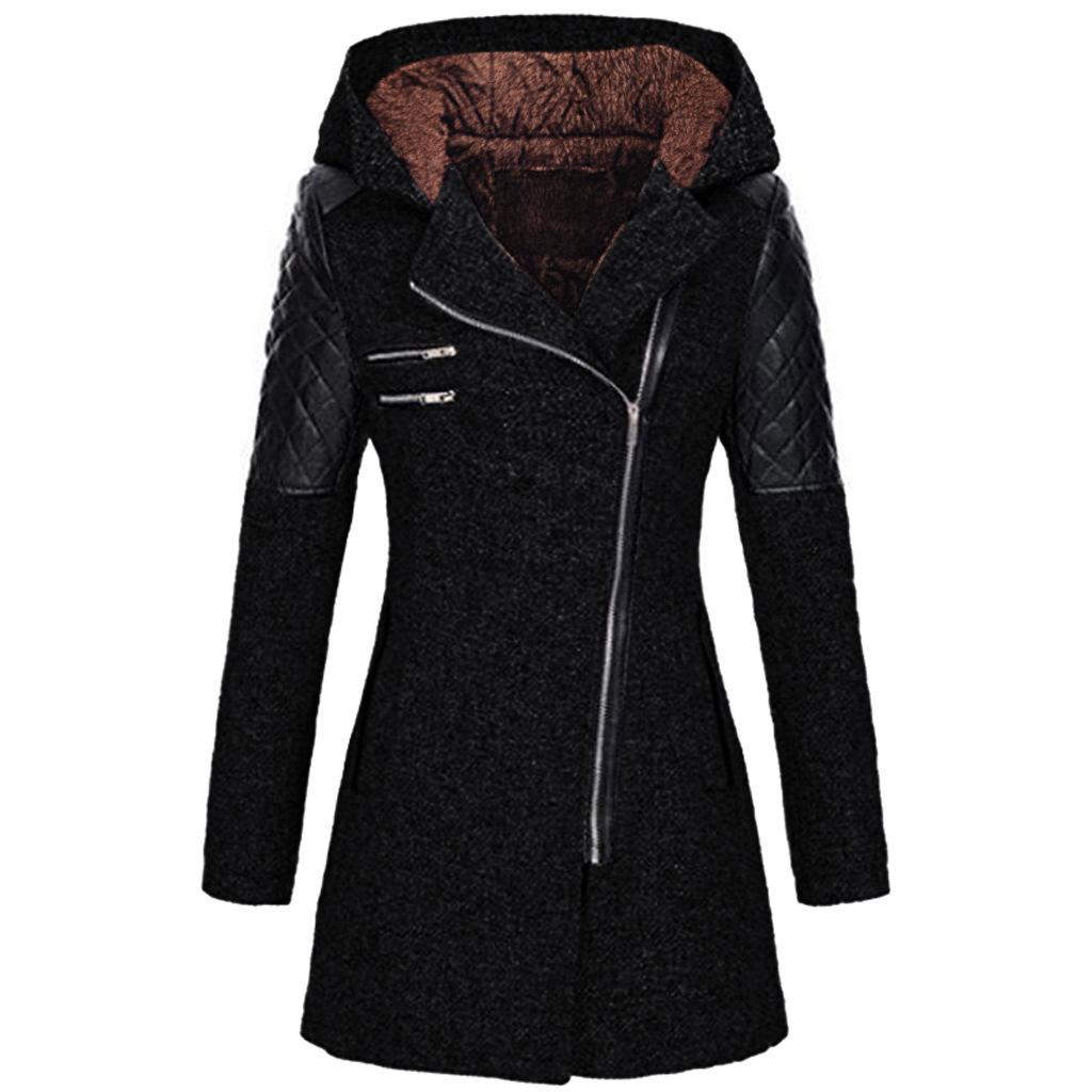Women's Mid-Length Woolen Hooded Windbreaker with Oblique Zipper - Warm Winter Coat