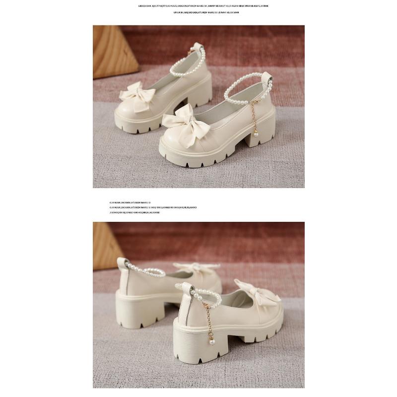 Кожаные туфли, женские туфли Мэри Джейн на толстом французском толстом каблуке с жемчужным бантом и одинарной обувью