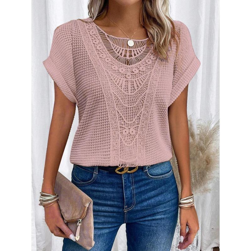 Летняя женская футболка с кружевным лоскутным топом с короткими рукавами